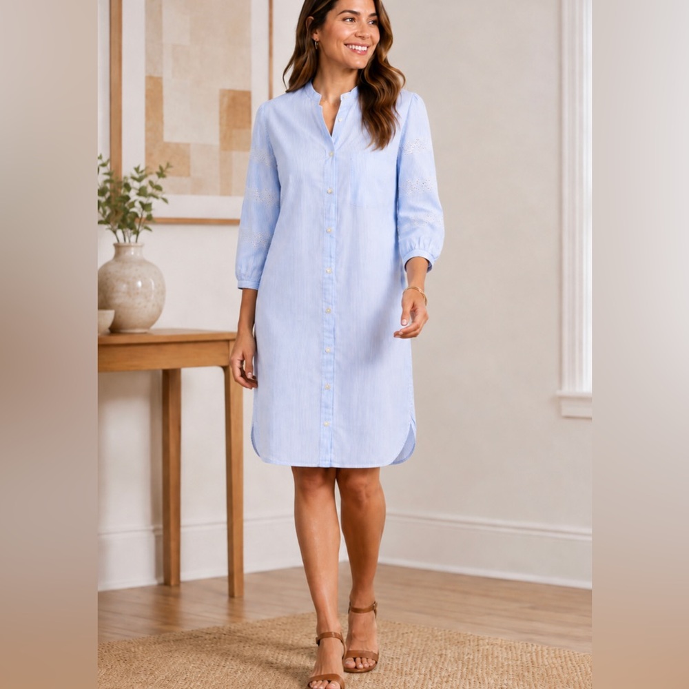 Loft Light Blue Stripe Button-Down Cotton Dress with Eyelet Sleeves S